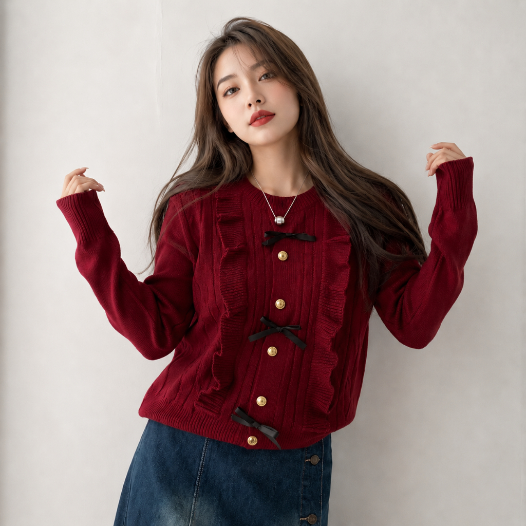 HIKANA Ruffle Cardy Womens Korean Style Ruffle Knit Premium