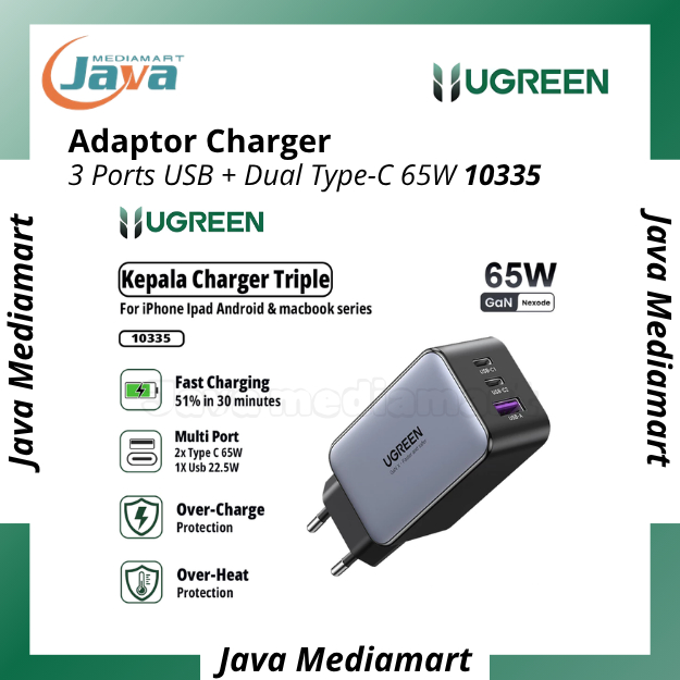 UGREEN 10335 GaN Fast Quick Charge Charger Adapter Head 3 พอร์ต USB + Dual Type-C 65W