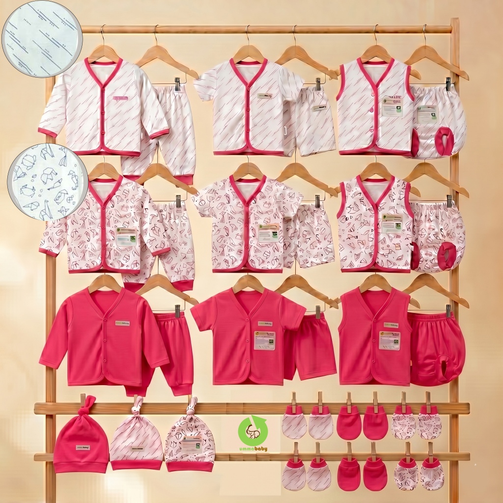 Ummababy 33 ชิ้นเสื้อผ้าเด็กแพคเกจทารกแรกเกิดกางเกงชุดของขวัญน่ารักถุงมือสีชมพูฟุตหมวกทารกแรกเกิดอุปกรณ์เด็กผู้หญิงเด็กเรียบนุ่ม SNI