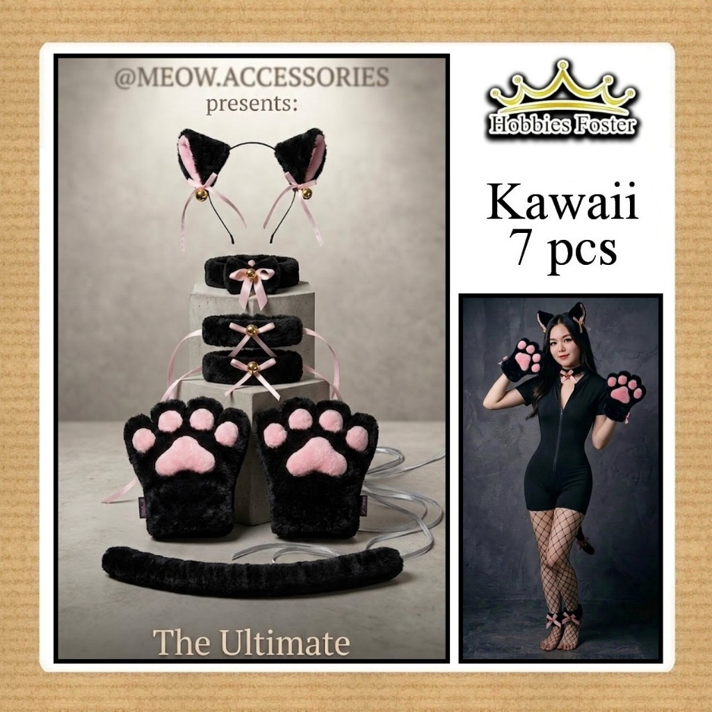 HBF Nekomimi ชุด 7 pcs Kawaii คอสเพลย์อุปกรณ์เสริมอะนิเมะ Neko Cat ชุดเครื่องแต่งกาย Acc
