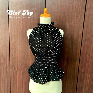 Clof Top by senayue | halterneck top | atasan halter dengan furing | atasan polkadot | top polkadot wanita | atasan jumbo