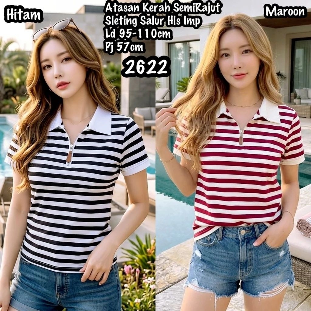 2622 เสื้อยืดคอปกซิปลายทางกึ่งถัก Hls