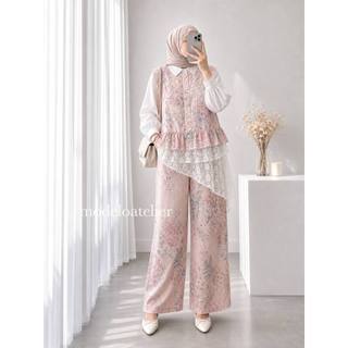 Elora Assymetrical Set /  Setelan Celana Terbaru / One Set Vest Renda / Setelan Motif Wanita
