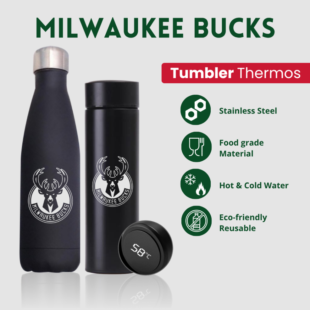 TERMOS MILWAUKEE BUCKS - TUMBLER THERMOS CUSTOM DESIGN MILWAUKEE BUCKS LOGO