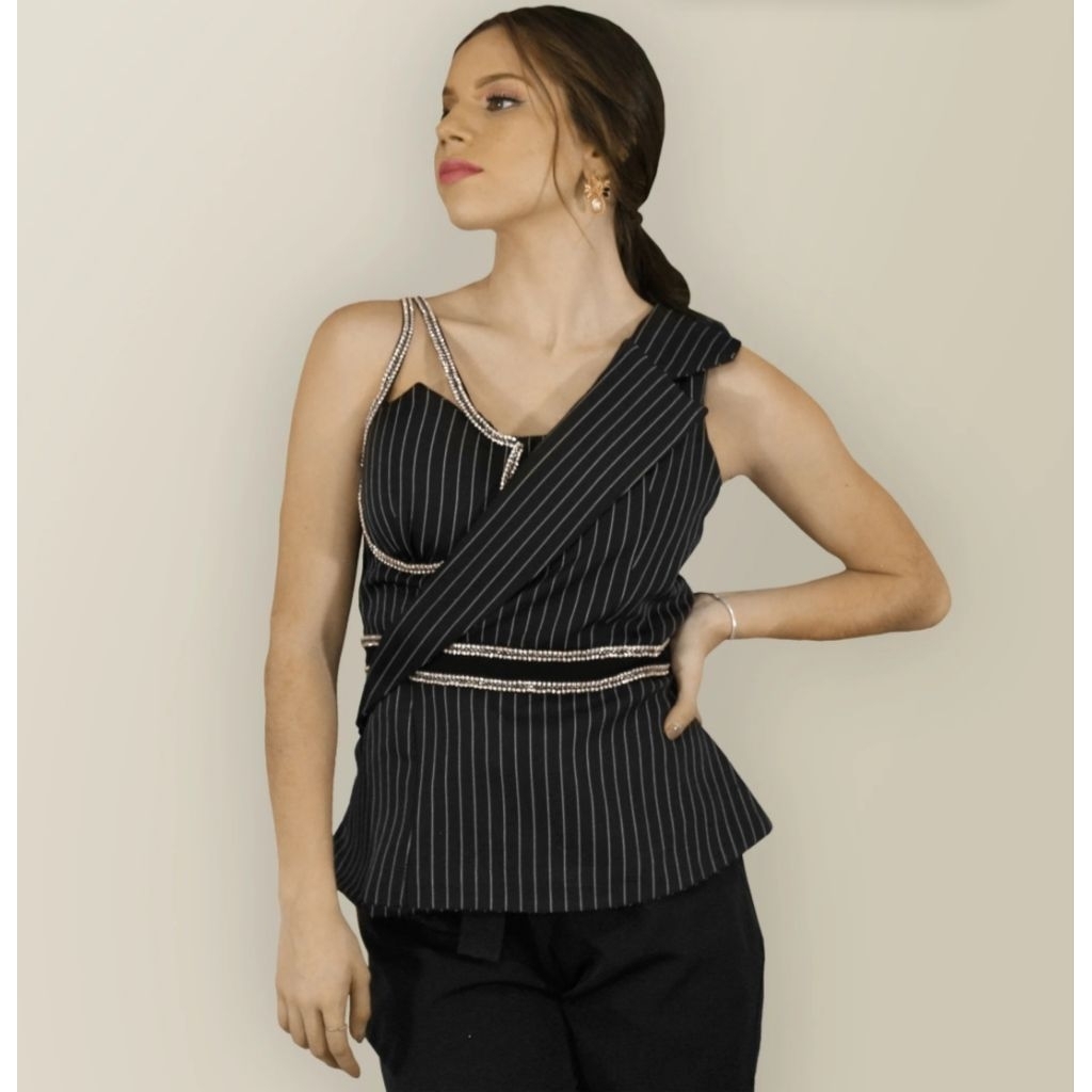 ROMAN BLOUSE / BLACK PINSTRIPE TRIM DETAILS TOP / UNIQUE WOMENS BLACK STRIPED TOP / BLINK STRIPE BRA