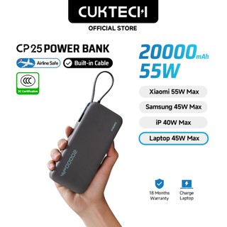 [CCC Certified] CUKTECH Powerbank 20000mAh 55W Max Fast Charging 3 ports with Built-in Type-C Cable, Support Xiaomi 55W Samsung 45W iPhone 38W - CP25 Power Bank