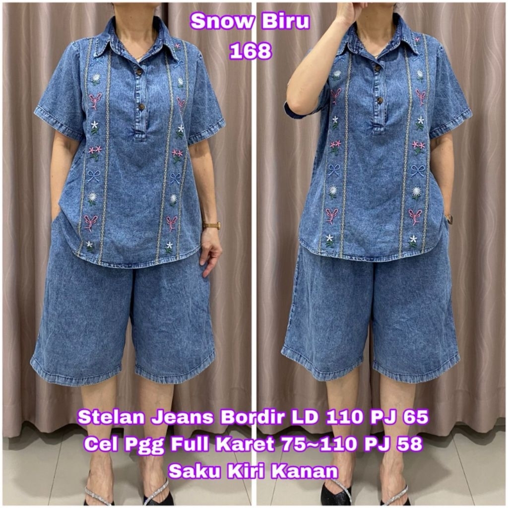 Snow Denim Jeans Set ปักริบบิ้นลาย Check Motif รหัส 168 ปุ่มสดแขนสั้น LD 110 PJ 65 กางเกงขาสั้นเอวยา