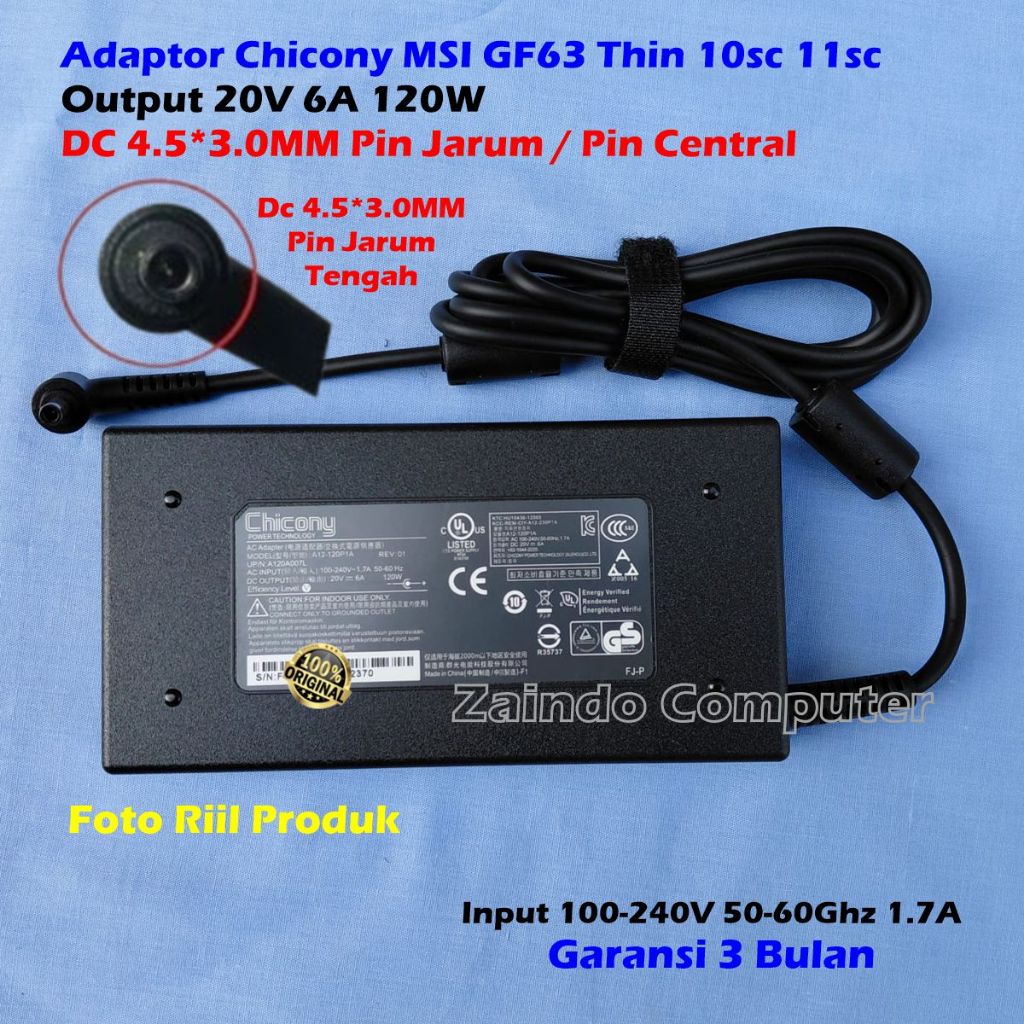 MSI CHICONY ADAPTER 20V 6A 120W (4.5*3.0MM) MSI GF63 THIN 10SC 11SC MS-16R5 MS-16R6 GF75 THIN 10UEK 