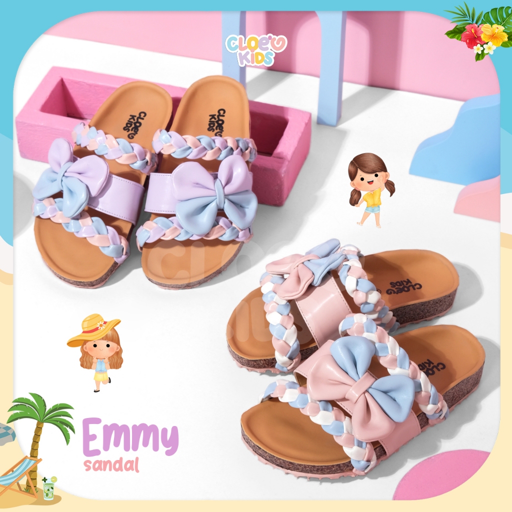CLOEVKIDS - Emmy Size 22-35 รองเท้าแตะริบบิ้นถักเด็กผู้หญิงแบบสวมแบนสไตล์เกาหลีน่ารัก