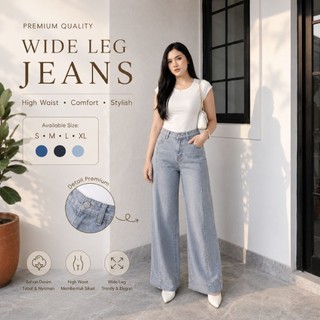Celana Wide Leg Jeans Wanita High Waist Premium Abu Biru Muda Kulot Denim Oversize Kekinian