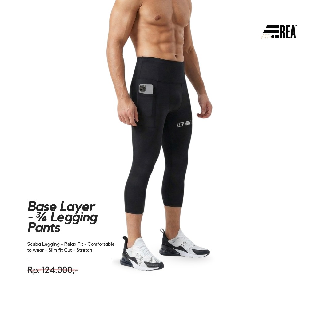 REA ACTIVEWEAR - Base Layer Mens 3/4 Leggings Stretch Sports Running Gym