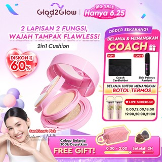 Glad2Glow 2in1 Perfect Pair Cushion Powder Foundation & Lip serum Waterproof Make Up Setting BB Cream Concealer Foundation bedak padat Wajah  Cover Tinggi  long lasting Tahan 12Jam tahan lama Velvet To Matte skin tint g2g