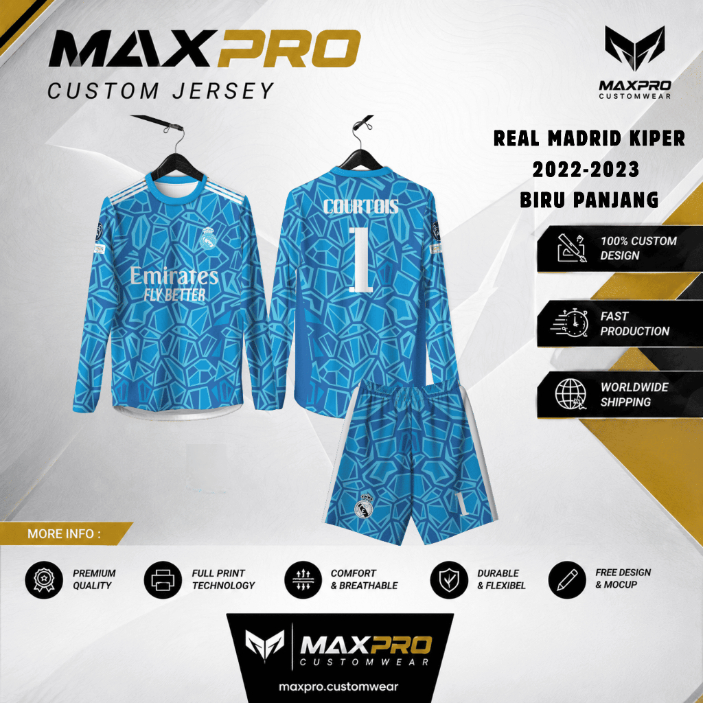 REAL MARDID GOALKEEPER JERSEY 22-23 สีฟ้ายาวฟรี CUSTOM สําหรับเด็กและผู้ใหญ่