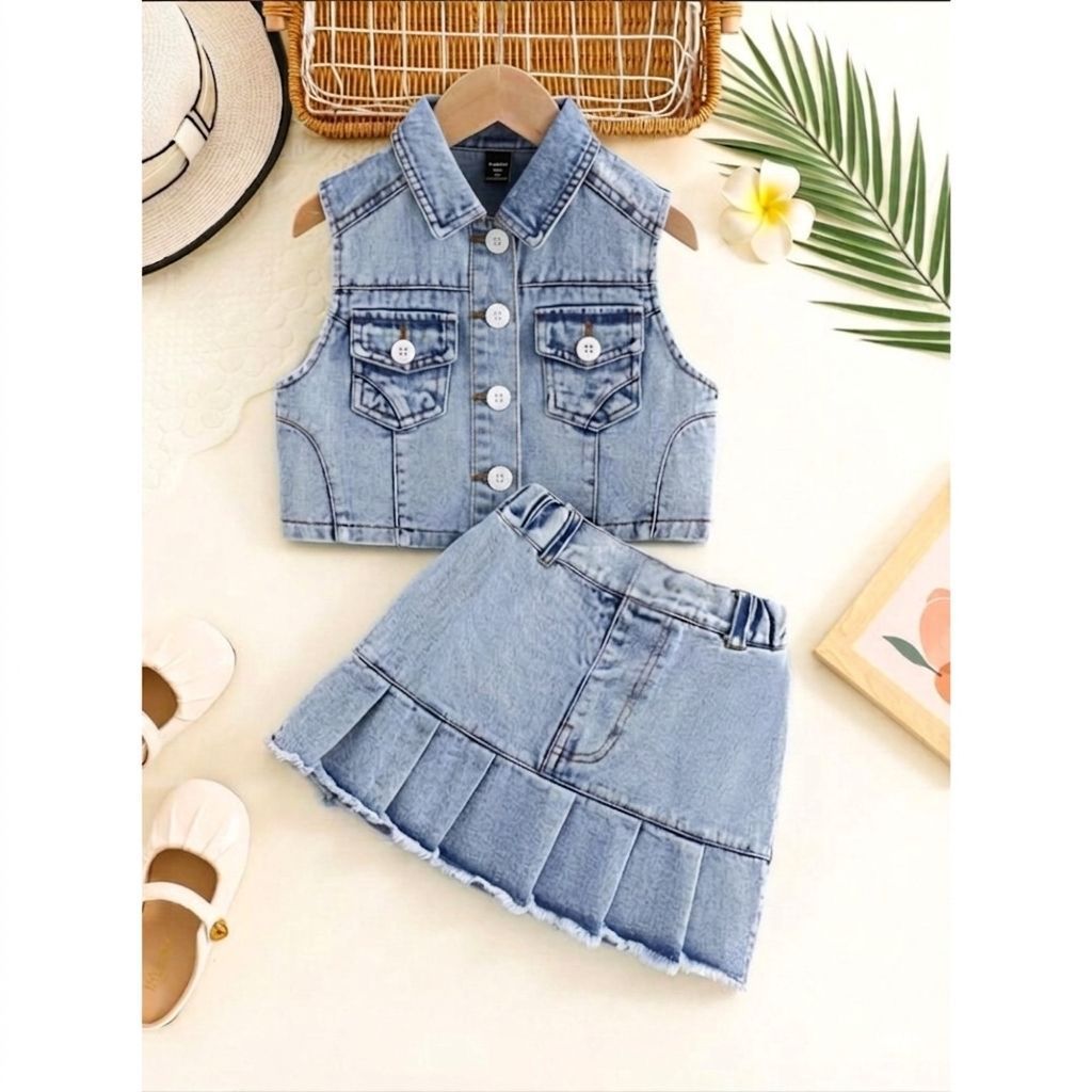 GIRLS JEANS SET 1-5 YEARS OLD FRONT BUTTON VEST DENIM SKIRT