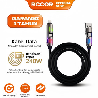 RCCOR Kabel Data 4-in-1 Fast Charging 240W, Lampu RGB Breathing, Kompatibel untuk Semua HP (iPhone, Huawei, Android), Universal