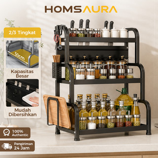 Homsaura Rak Bumbu Dapur Stainless Steel 2-3 Susun Rak Bumbu Dapur Estetik Rak Botol Bumbu Dengan Aksesoris