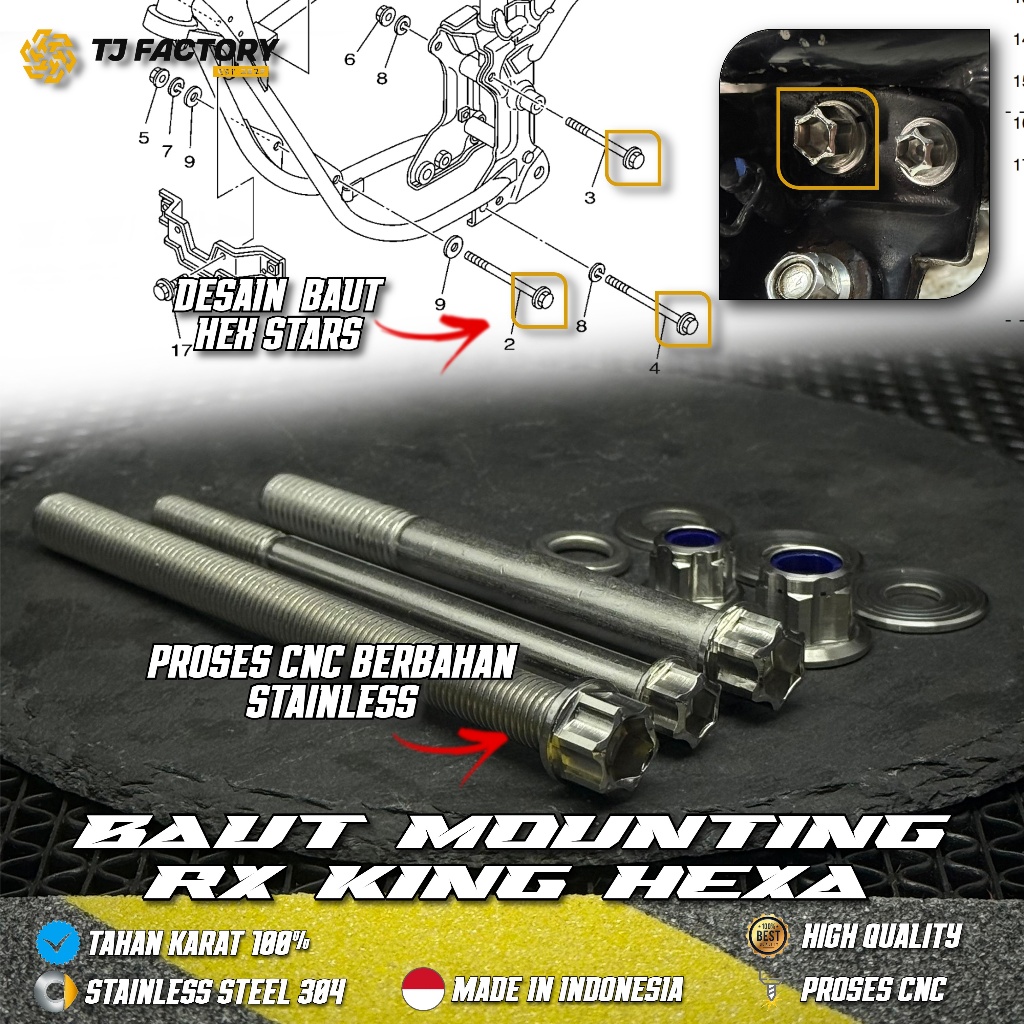 MESIN 1 ชุด RX KING ENGINE MOUNTING Bolts RX K เครื่องยนต์กรอบ Rx k สแตนเลส CNC 2 คีย์โดย Tj โรงงาน 