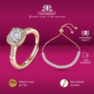 Set Cincin & Gelang Wanita Cranberry Jewelry Premium Lapis Emas 18k Anti Luntur Anti Berubah Warna Garansi 1 Tahun Resmi Size Adjustable Kualitas Grade Terbaru Aksesoris Perhiasan Cincin Nikah Permata VVS1 Elegan COD D147