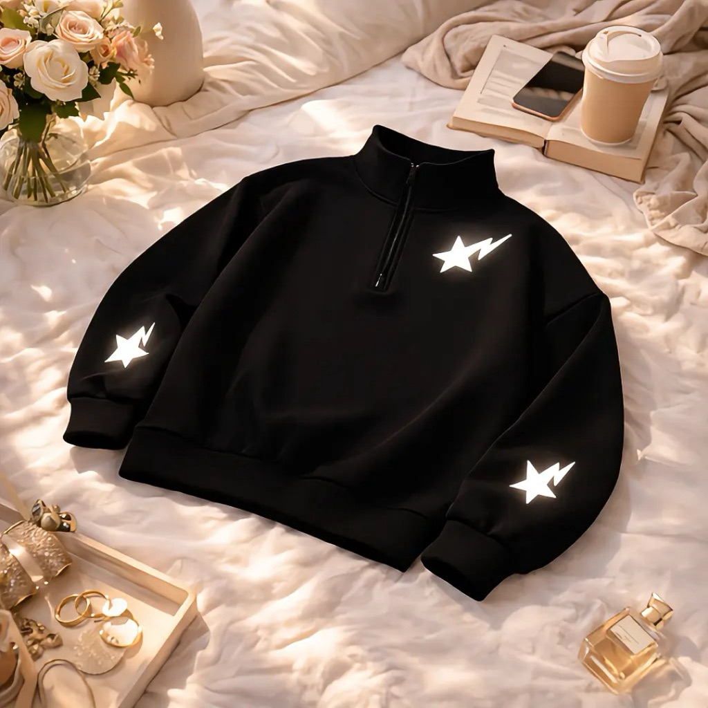 Tsm Halfzip Lightning Star เสื้อกันหนาว 280 Gsm หนา Halfzipper ผู้ชายผู้หญิงสะท้อนแสงสีดําธรรมดา Lig