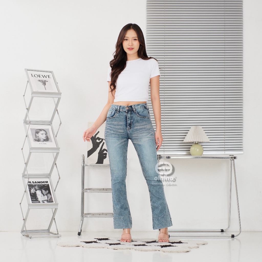 ELNINO - Jennie High เอว Cutbray กางเกงยีนส์ผู้หญิง Retro Vintage Stretch Long Flare Pants ก้นพับ