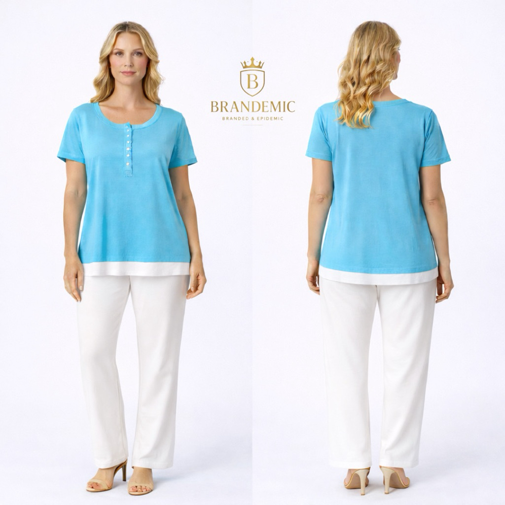 Lizwear Womens Blue Henley Short Sleeve Casual Basic Top