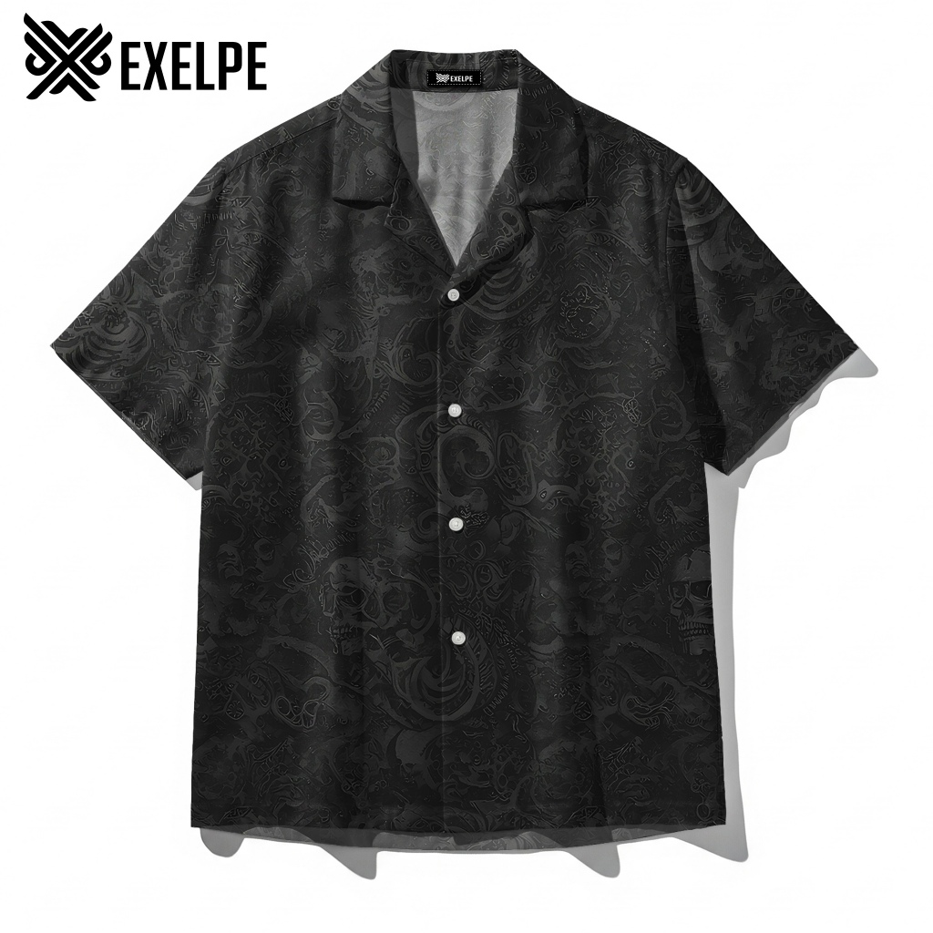 KEMEJA EXELPE Black Charcoal Dark Gothic Skull Shirt
