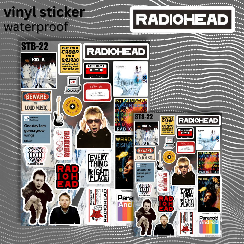 HP Band Radiohead Sticker Vinyl Matte Waterproof Pack – สติ๊กเกอร์เพลงกันน้ํา Anti-fade สําหรับแล็ปท็อป, ขวดดื่ม, โทรศัพท์มือถือ, หนังสือ, แฟนตกแต่ง Radiohead Music Sticker Premium