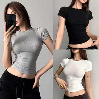 Nowandhere Kaos Leher Bulan Wanita Crop Top Pendek Slimfit Y2K Seksi Retro Minimalis Fashion