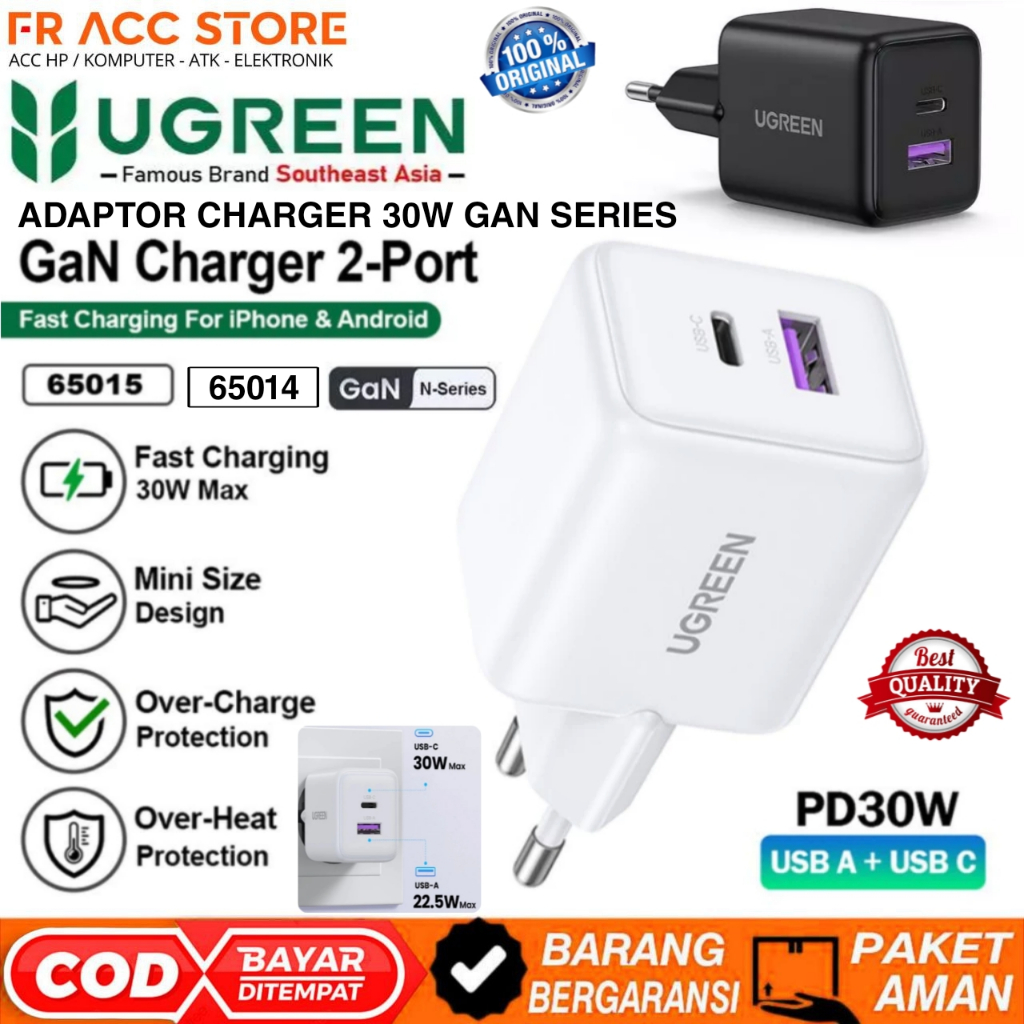 UGREEN Dual Port USB Charger + Type C Fast Charging 30W PD QC GAN 30W Dual Port Charger Head 30W USB