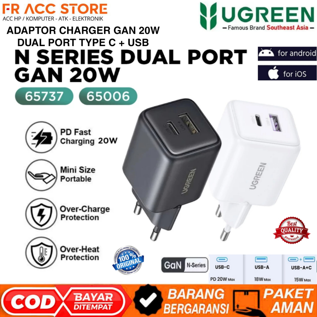 UGREEN 20W CHARGER ADAPTER GAN PD Dual Port Charger Head TYPE C & USB Fast Charging 20W UGREEN 65006
