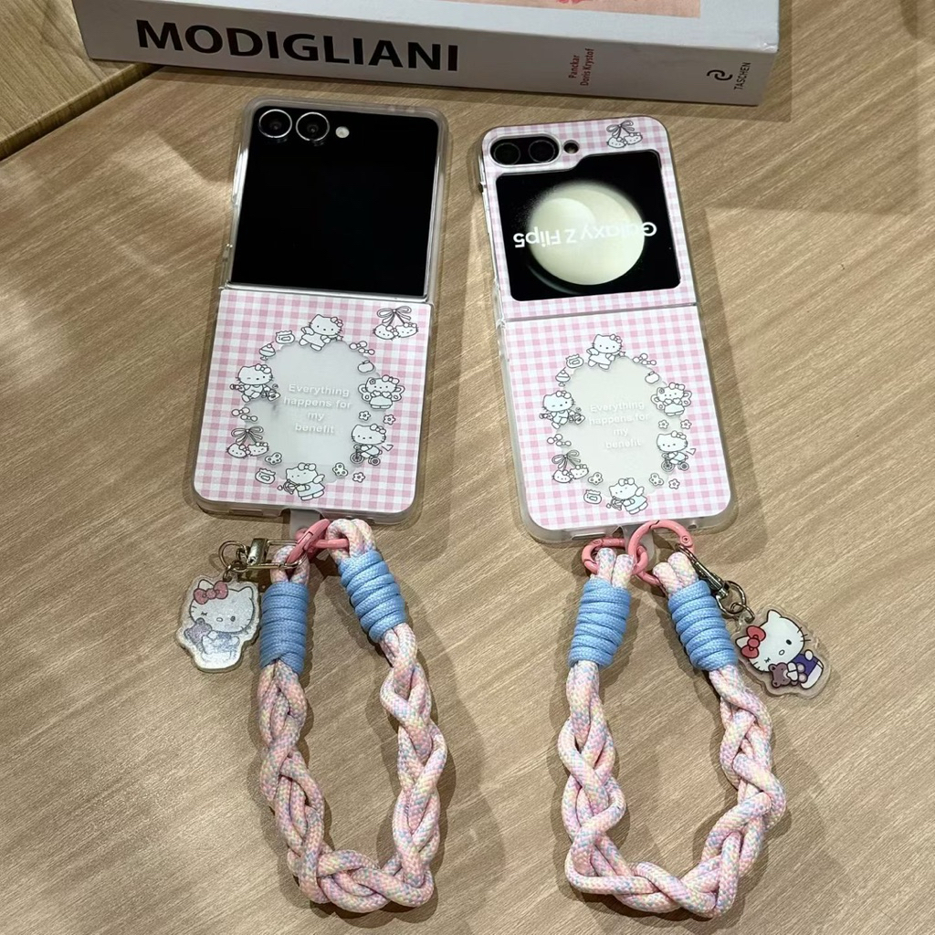 HP GANTUNGAN Samsung Zflip Hellokitty Kitty กรณีโซ่หนังขนน่ารัก TPU เคสโทรศัพท์สําหรับ Samsung Z Fli