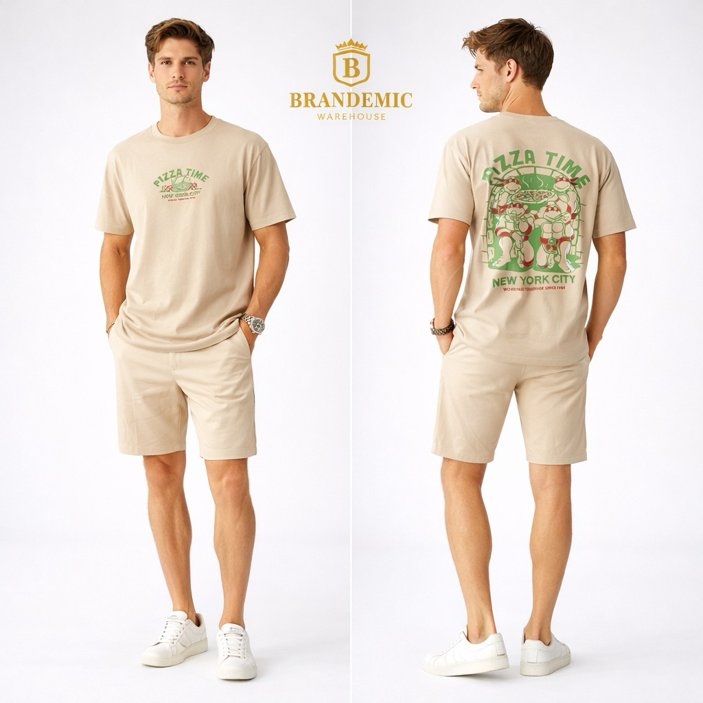 P*LL & B*AR Mens Distro เสื้อยืด Pizza Time NYC Mocca Streetwear Premium