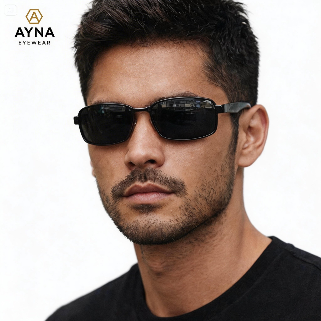 AYNA POROHE 6005 KP แว่นตากระบอกลบสูงของผู้ชาย Slim Black Square Frame - เลนส์ Photochromic Bluecrom
