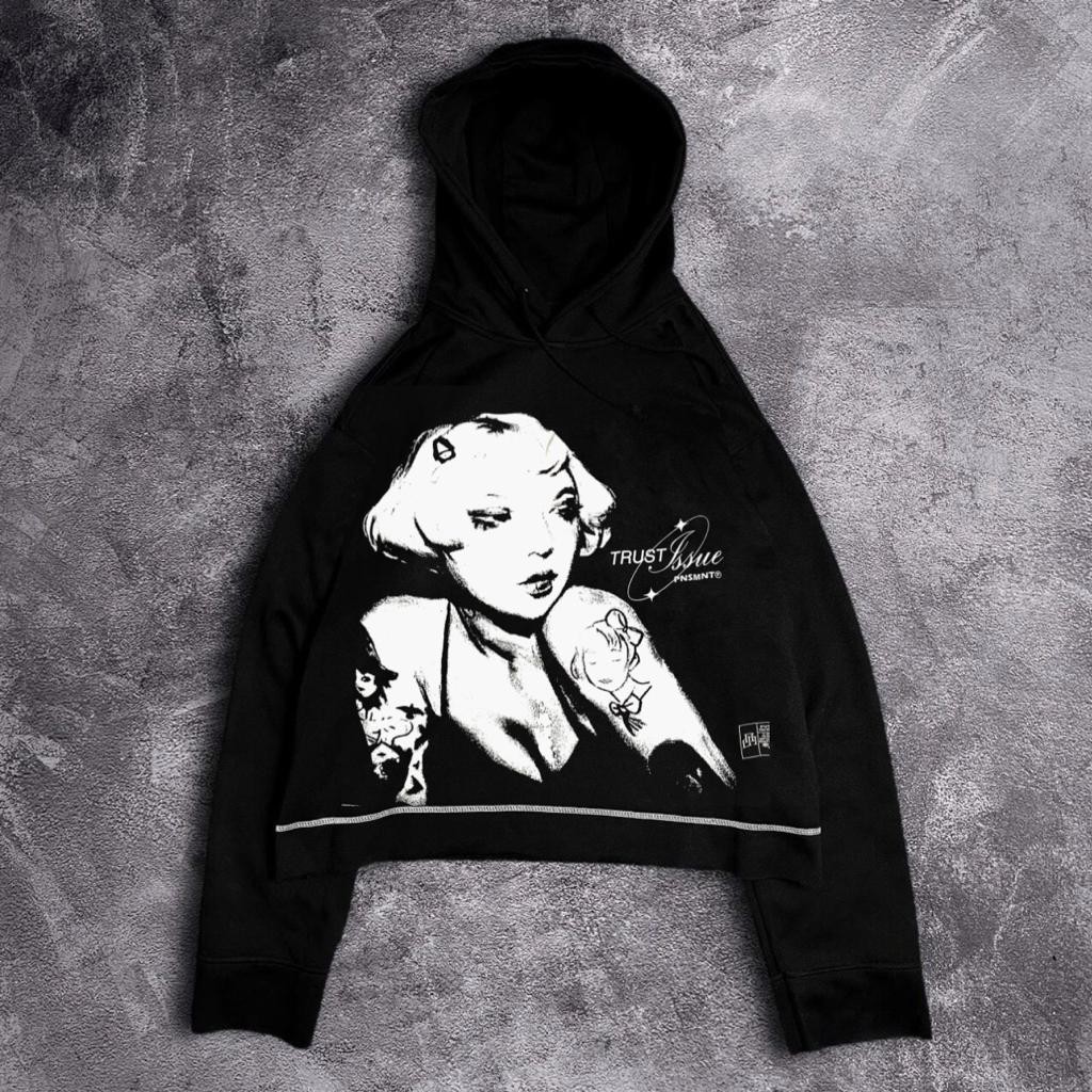 ต้นฉบับ PUNISMENT CROP HOODIE/แจ็คเก็ตผู้ชาย/เสื้อกันหนาวผู้ชาย/OVERSIZE HOODIE/ KISS CROP HOODIE