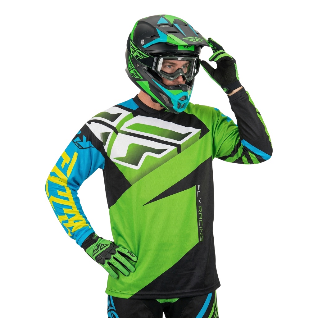 FLY Racing F-16 เสื้อแข่งสีดําสีเขียว Original Motocross Trail Mx