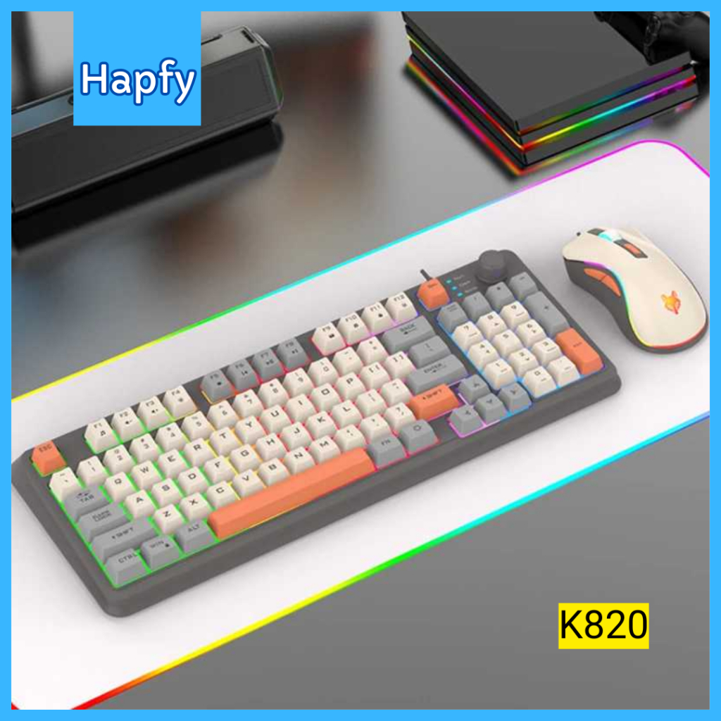 Hapfy Xunfox คีย์บอร์ดเกม Rgb Led Usb แบบมีสาย 94 คีย์ปุ่มด้านบนพร้อมเมาส์ K820