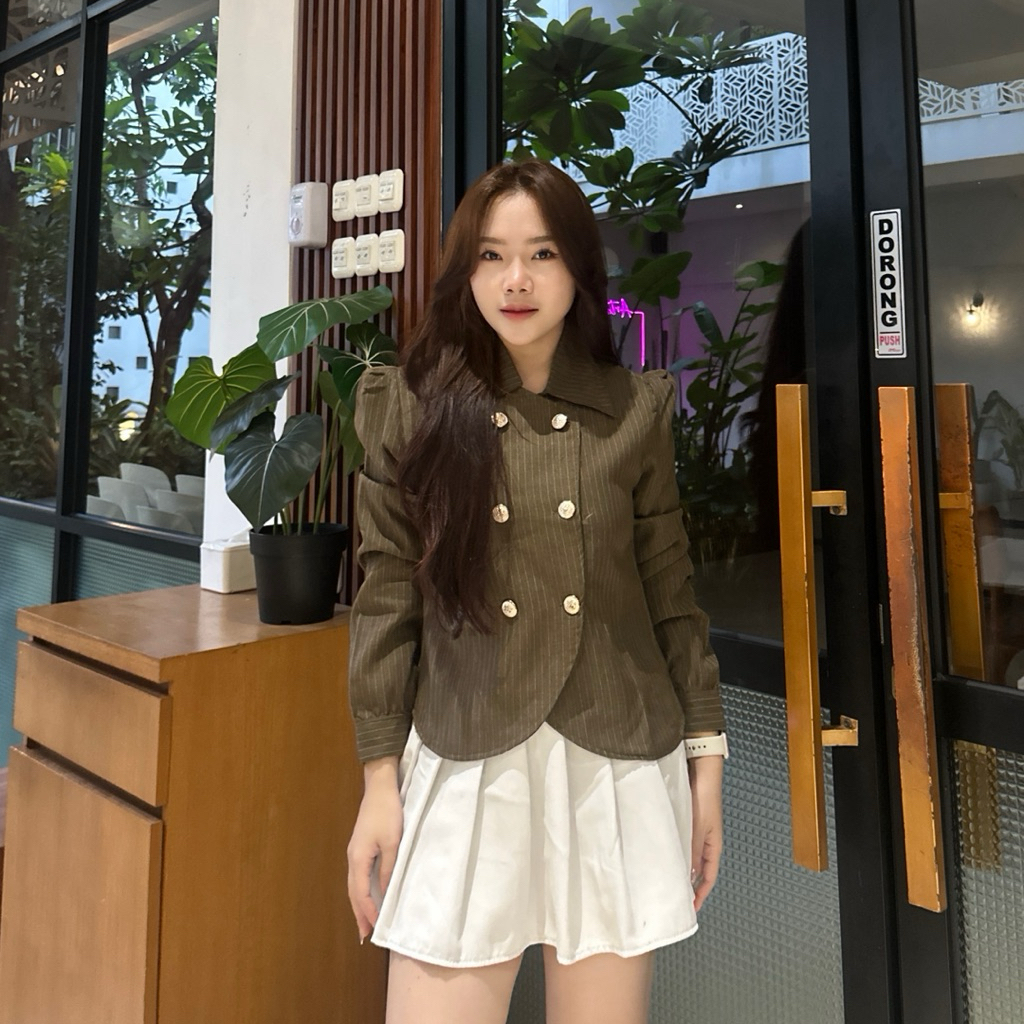 Auzura - Emi Blazer 448 Crop Puffy Stripe Semiwool Button Casual Official Office