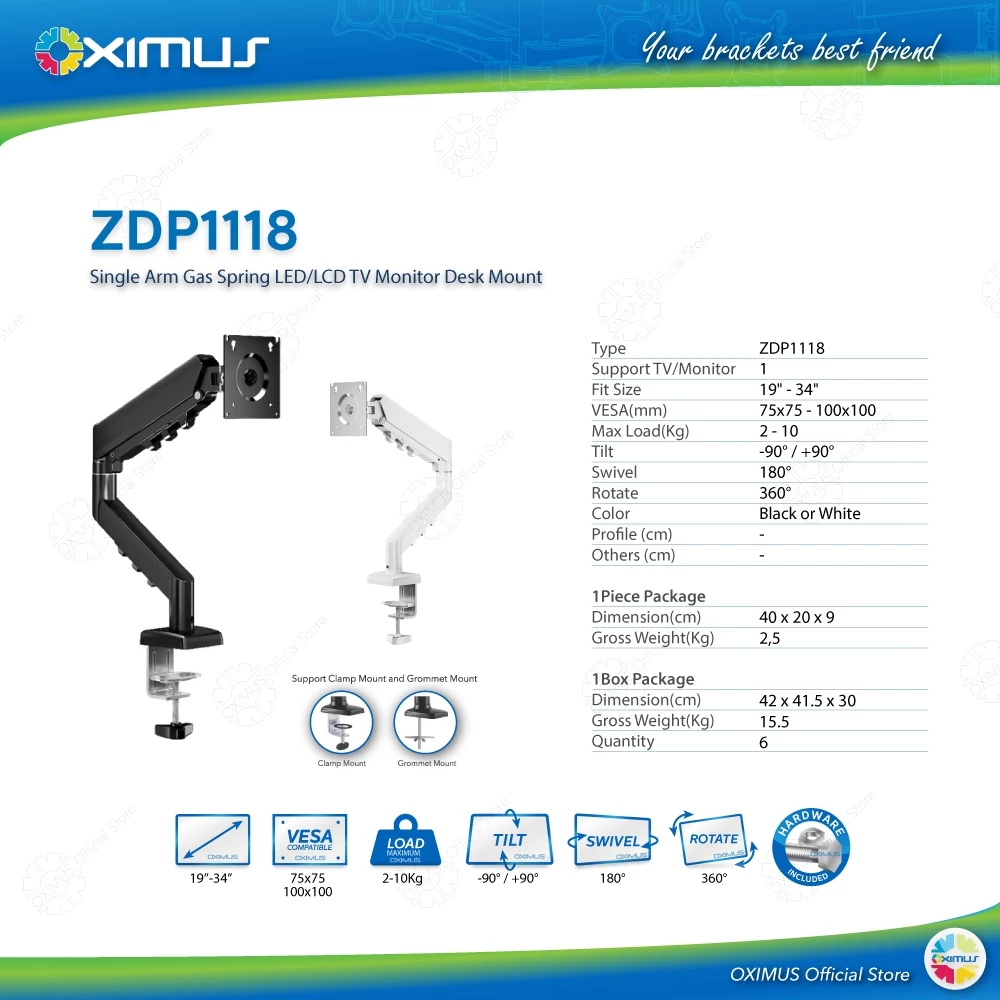 Oximus ZDP1118 1118 เอียงหมุน LED LCD แก๊สสปริง Monitor TV Bracket