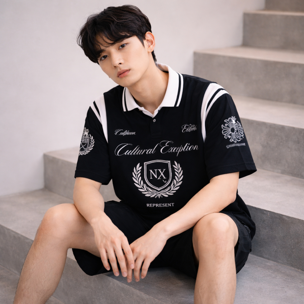 NXDomain เสื้อรักบี้คลาสสิก Cultural Black White Cotton Combed 24s Premium
