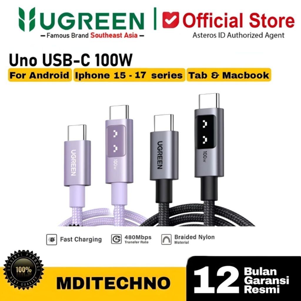 UGREEN PD Type C to C Uno Display สายชาร์จข้อมูลอย่างรวดเร็ว 100W Max 5A Nylon Braided