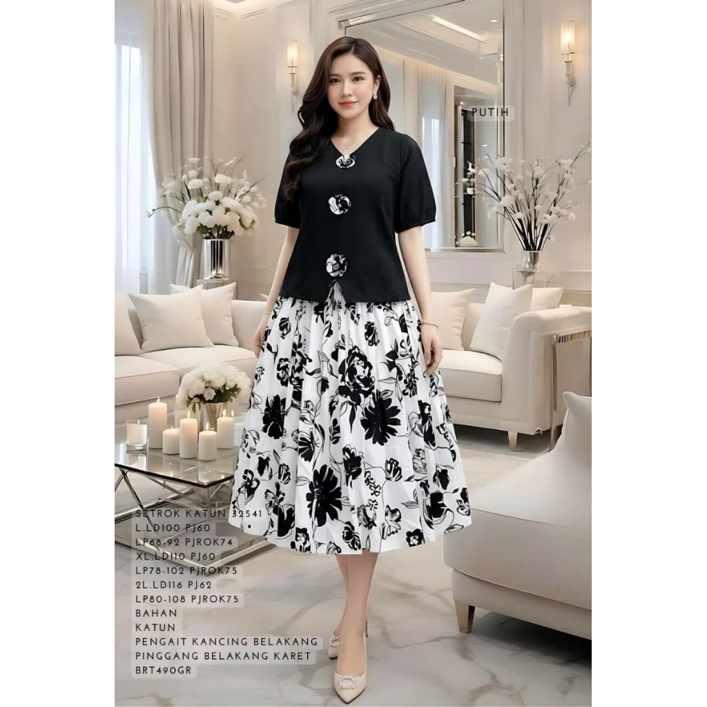 KATUN 32541 / KC 2826 / DS 62386 สีดําและสีขาวดอกไม้ผ้าฝ้ายกระโปรงชุด / VIRAL SKIRT ชุด