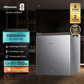 Hisense Kulkas RR58D4IGN Refrigerator Mini Bar Kapasitas 42L Warna Silver Tingkat Kebisingan Rendah 2L Rak Muat Ukuran Botol Alat Pengukur Suhu Dapat Disesuaikan Pendingin Terpisah Pintu Reversible Bisa Buka Kiri Kanan Space Friendly