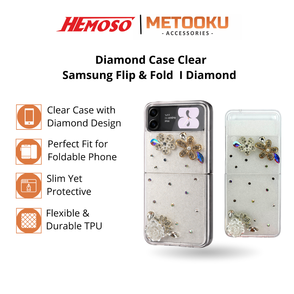 Clear Diamond Motif Casing Samsung Zflip 3 Zflip 4 Zflip 5 Zfold 3 Zfold 4 Zfold 5 Case Elegant Luxu