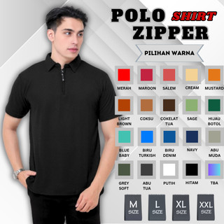 Kaos Polo Zipper / Resleting Lengan Pendek Pria / Wanita Dewasa Baju Kerah Polos Cowok Cotton Pique