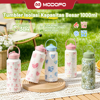 MODOFO Sedotan Tumbler Botol Minum 1000ml Stainless Premium Tumbler Tahan Dingin 24 Jam Anti Tumpah