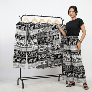 Celana Kulot Wanita Panjang Motif Mihu Mihu Gajah Hitam Putih Bahan Rayon Adem