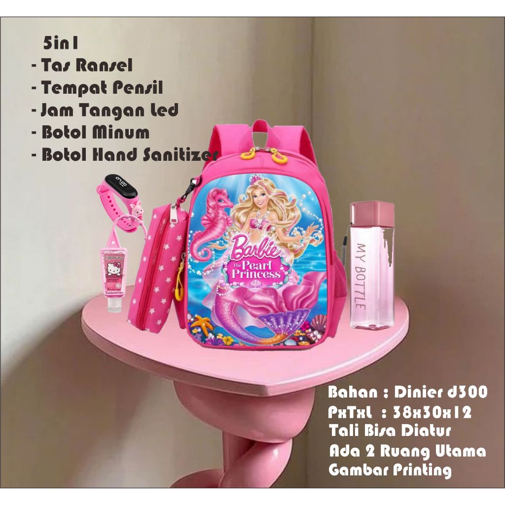 5-in-1 BARBIE Character กระเป๋าเป้สะพายหลังเด็กผู้หญิงสําหรับโรงเรียนอนุบาลและประถมศึกษาคุณภาพระดับพรีเมียม