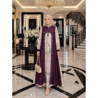 Gamis Safiya Premium Motif Batik & Floral, resleting dan kancing depan aktif , busui friendly,pundak puffy dan lengan kapel