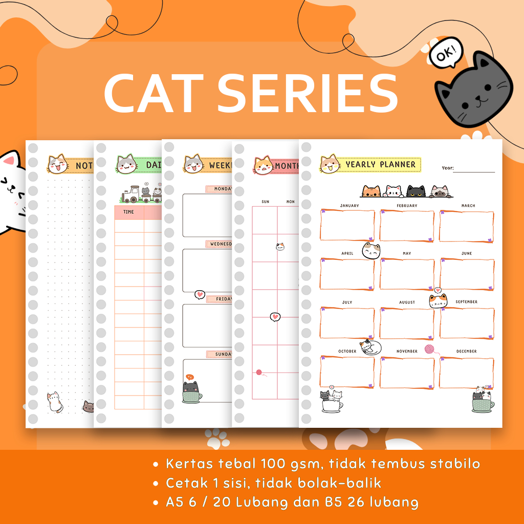 CAT SERIES - Loose leaf Planner A5 B5 หนา Refill Binder Notes Dot Line กล่องจุดธรรมดาน่ารัก Paperbell