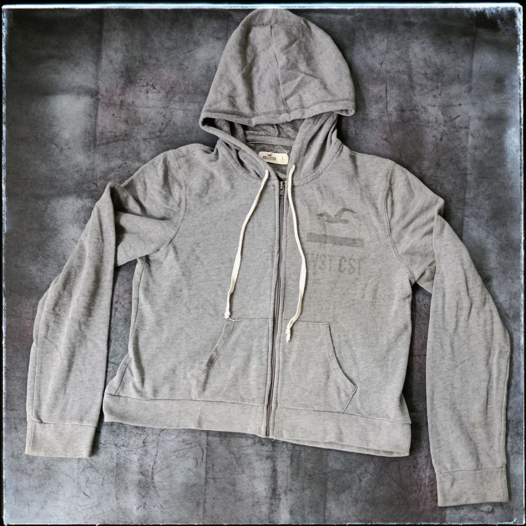 KATUN Hollister เสื้อแจ็คเก็ตมีฮู้ดซิปเต็มตัว เนื้อผ้าฝ้าย รุ่นกึ่งครอป ไซส์ L